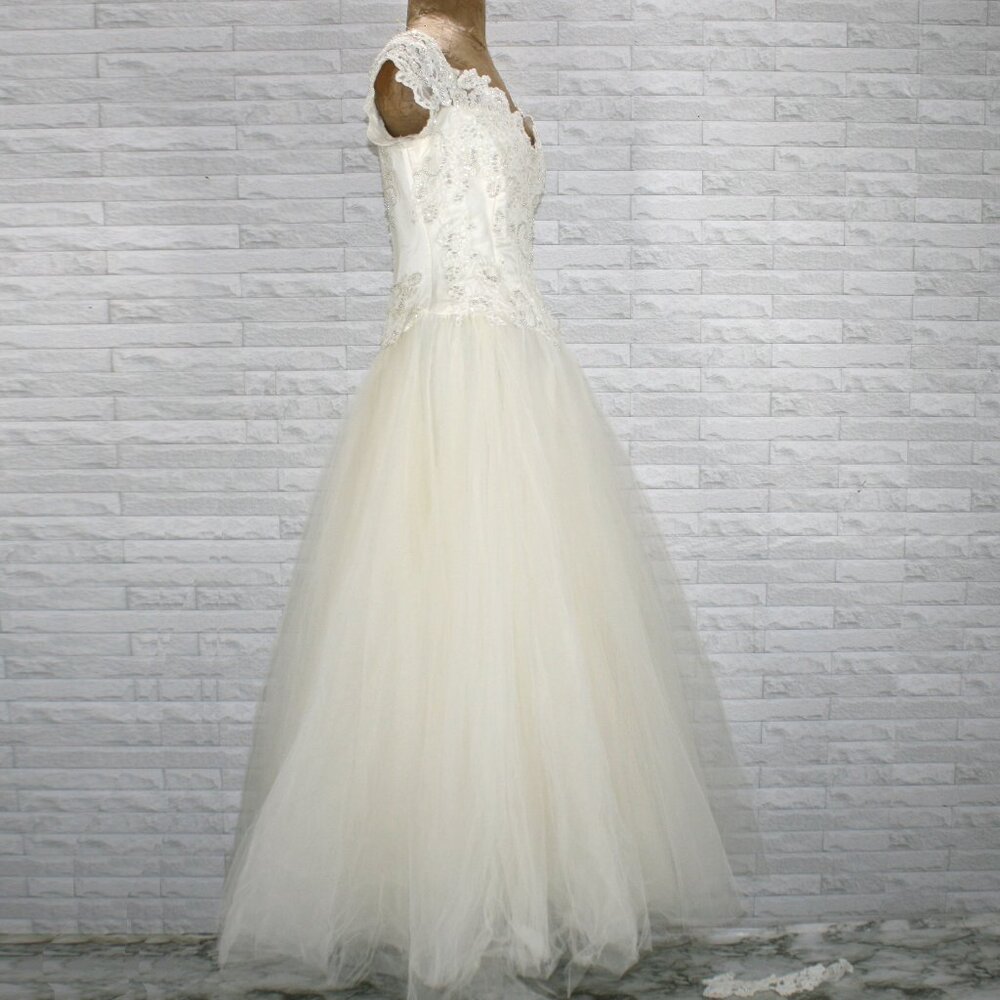 VINTAGE DAVID'S BRIDAL Gown Bridal Wedding Beaded Baach Tulle Princess White 6 - Picture 7 of 16